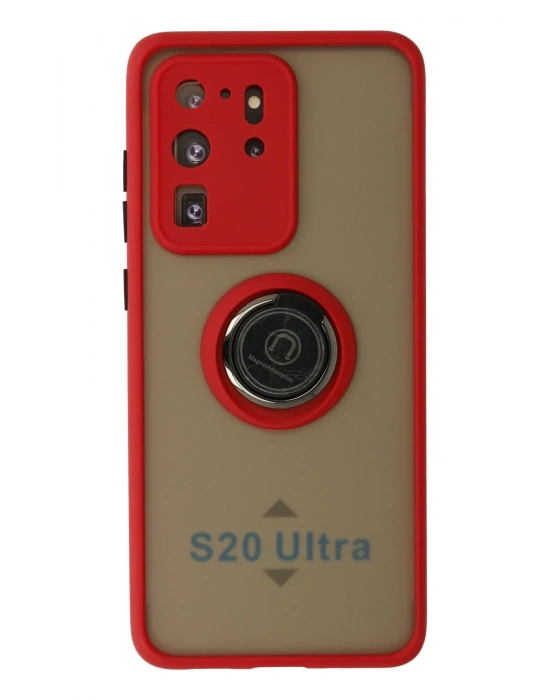Newface Samsung Galaxy S20 Ultra Kılıf Montreal Yüzüklü Silikon Kapak - Kırmızı