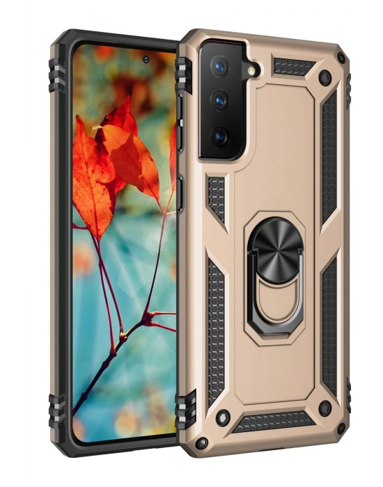 Newface Samsung Galaxy S21 Kılıf Sofya Yüzüklü Silikon Kapak - Gold