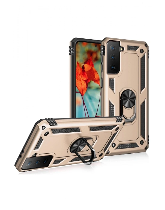 Newface Samsung Galaxy S21 Kılıf Sofya Yüzüklü Silikon Kapak - Gold