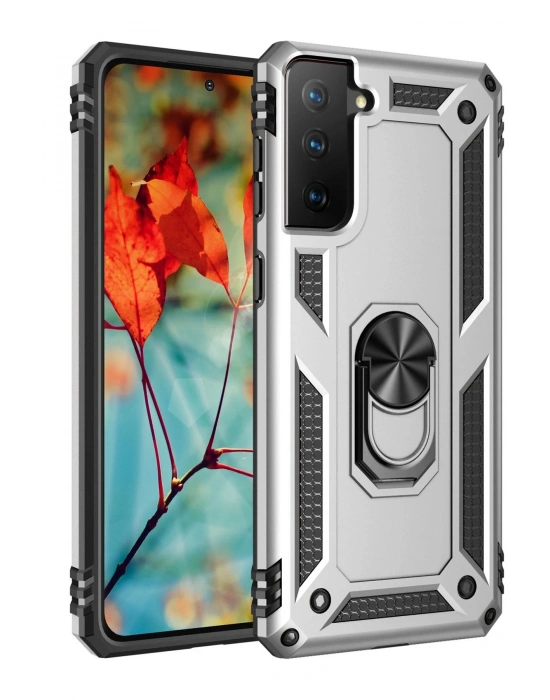 Newface Samsung Galaxy S21 Kılıf Sofya Yüzüklü Silikon Kapak - Gümüş