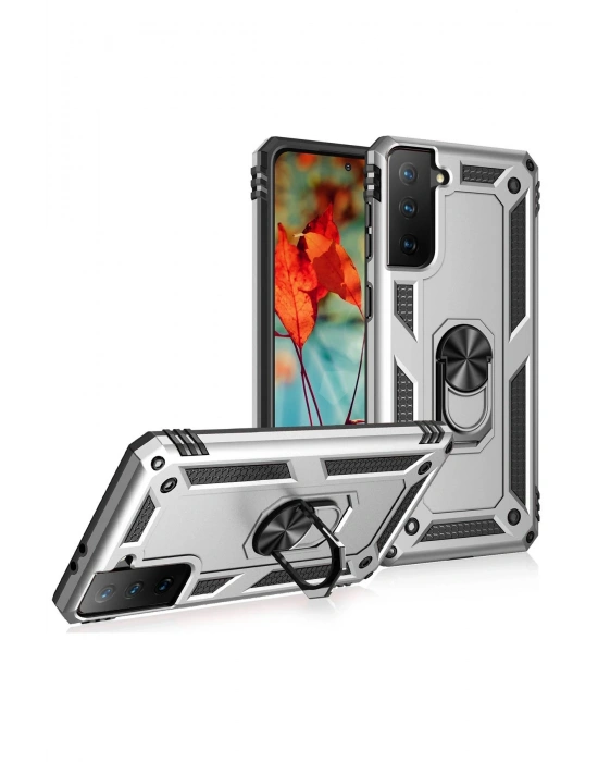 Newface Samsung Galaxy S21 Kılıf Sofya Yüzüklü Silikon Kapak - Gümüş