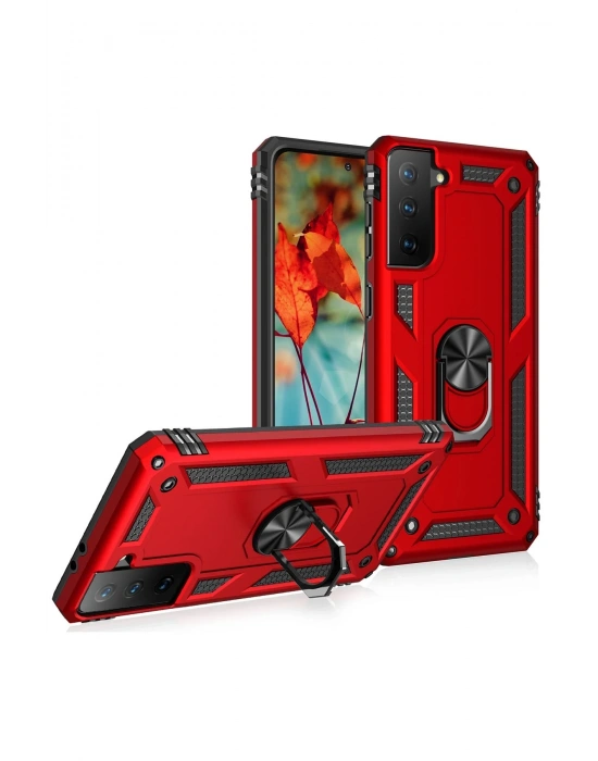 Newface Samsung Galaxy S21 Kılıf Sofya Yüzüklü Silikon Kapak - Kırmızı