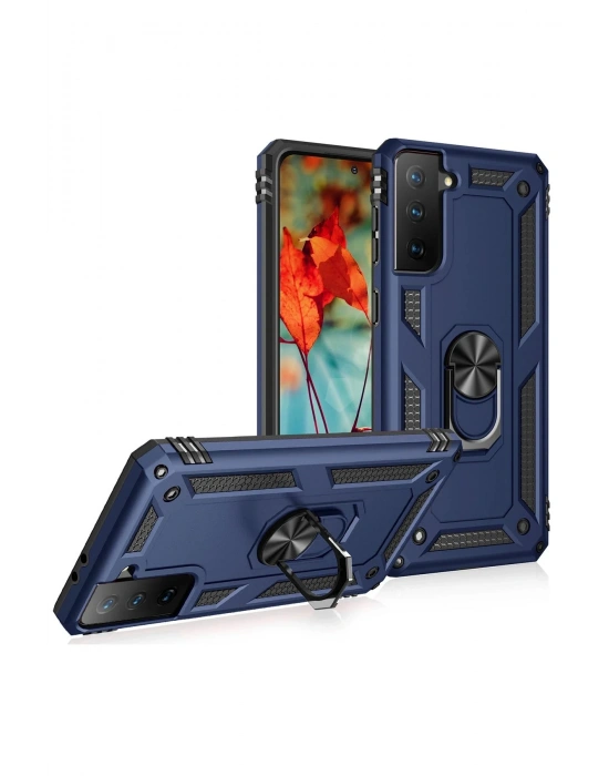 Newface Samsung Galaxy S21 Kılıf Sofya Yüzüklü Silikon Kapak - Lacivert