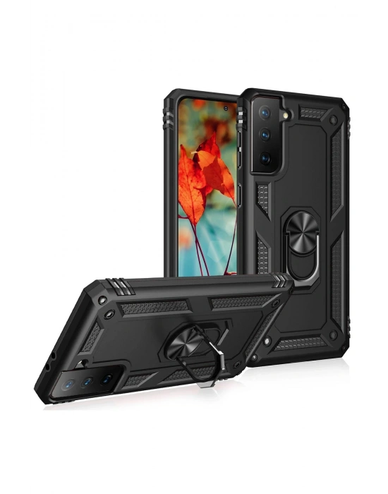 Newface Samsung Galaxy S21 Kılıf Sofya Yüzüklü Silikon Kapak - Siyah