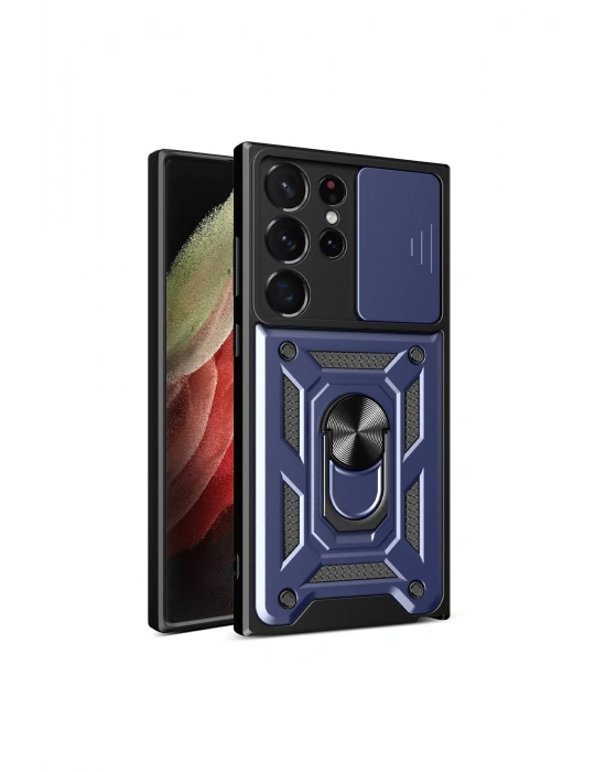 Newface Samsung Galaxy S23 Ultra Kılıf Pars Lens Yüzüklü Silikon - Lacivert