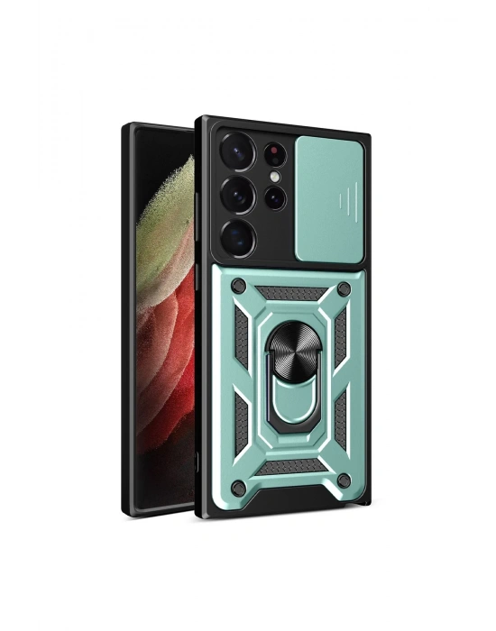 Newface Samsung Galaxy S23 Ultra Kılıf Pars Lens Yüzüklü Silikon - Yeşil