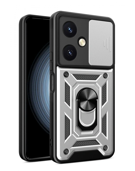 Newface Vivo Y27 Kılıf Pars Lens Yüzüklü Silikon - Gümüş