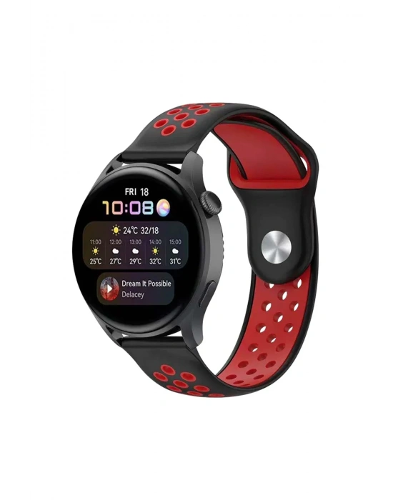 Newface Watch 20mm Spor Delikli Kordon - Siyah-Kırmızı