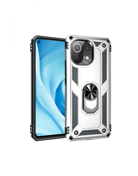 Newface Xiaomi Mİ 11 Lite Kılıf Sofya Yüzüklü Silikon Kapak - Gümüş