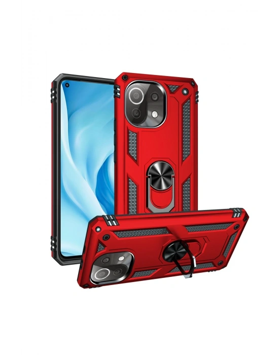 Newface Xiaomi Mİ 11 Lite Kılıf Sofya Yüzüklü Silikon Kapak - Kırmızı