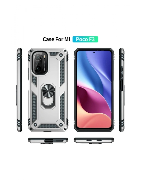 Newface Xiaomi Poco F3 Kılıf Sofya Yüzüklü Silikon Kapak - Gümüş