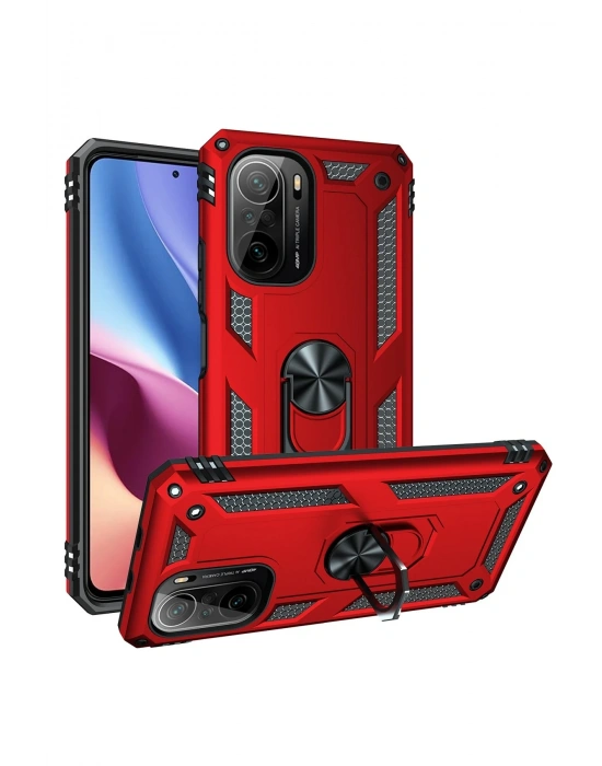 Newface Xiaomi Poco F3 Kılıf Sofya Yüzüklü Silikon Kapak - Kırmızı