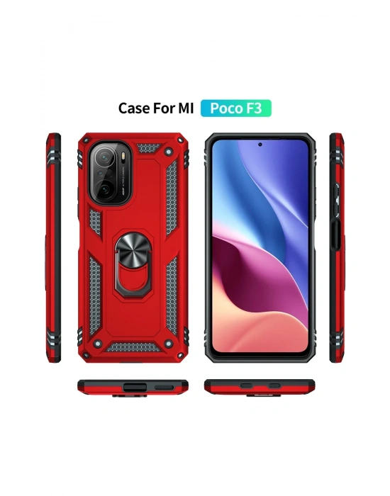 Newface Xiaomi Poco F3 Kılıf Sofya Yüzüklü Silikon Kapak - Kırmızı