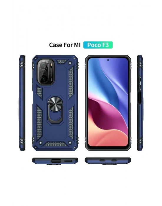 Newface Xiaomi Poco F3 Kılıf Sofya Yüzüklü Silikon Kapak - Lacivert