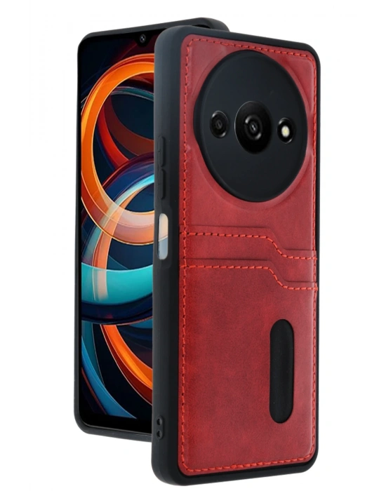 Newface Xiaomi Redmi A3 4G Kılıf Sara Kartvizitli Deri Kılıf - Kırmızı