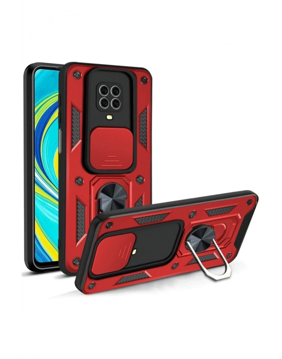 Newface Xiaomi Redmi Note 9 Pro Kılıf Pars Lens Yüzüklü Silikon - Kırmızı