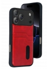 Newface Apple iPhone 17 Pro Sara Kartvizitli Deri Kılıf - Kırmızı
