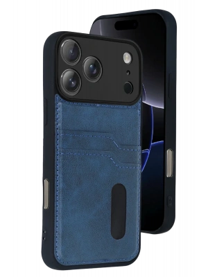 Newface Apple iPhone 17 Pro Max Sara Kartvizitli Deri Kılıf - Lacivert