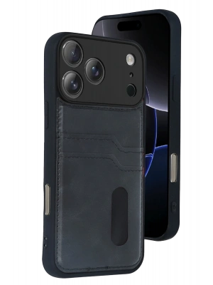 Newface Apple iPhone 17 Pro Max Sara Kartvizitli Deri Kılıf - Siyah