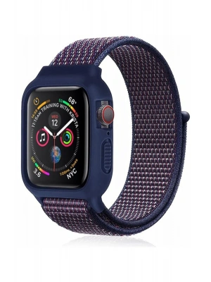 Newface Apple Watch 38mm Hasırlı Cırtcırtlı Kasalı Kordon - Lacivert-Mürdüm