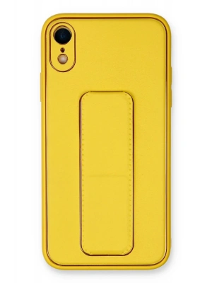 Newface iPhone XR Kılıf Coco Deri Standlı Kapak - Sarı