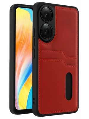 Newface Oppo A38 Sara Kartvizitli Deri Kılıf - Kırmızı
