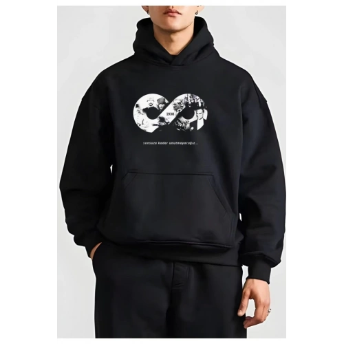 10 Kasıma Özel Üç İplik Kapşonlu Baskılı SweatShirt - Siyah