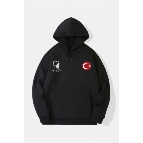 10 Kasıma Özel Üç İplik Kapşonlu Baskılı SweatShirt - Siyah