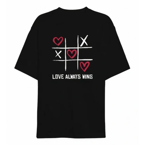 14 Şubat Sevgililer Günü Love Always Wins Baskılı Oversize Bisiklet Yaka T-shirt - Siyah