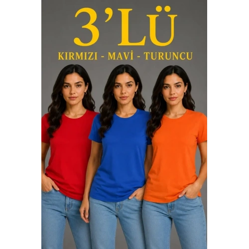 3’lü Kısa Kollu Bisiklet Yaka Basic Slim Fit T-Shirt - Kırmızı - Mavi - Turuncu