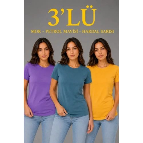 3’lü Kısa Kollu Bisiklet Yaka Basic Slim Fit T-Shirt - Mor - Petrol Mavisi - Hardal