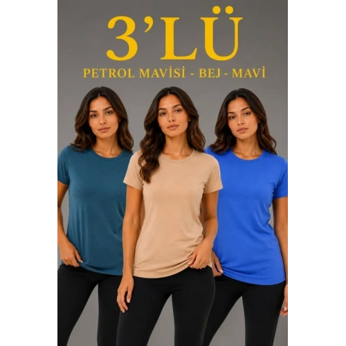 3’lü Kısa Kollu Bisiklet Yaka Basic Slim Fit T-Shirt -Petrol Mavisi  - Bej - Mavi