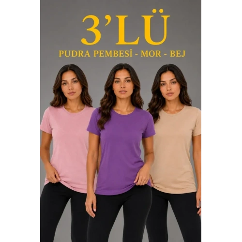 3’lü Kısa Kollu Bisiklet Yaka Basic Slim Fit T-Shirt - Pudra Pembe - Mor - Bej