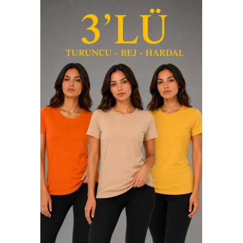 3’lü Kısa Kollu Bisiklet Yaka Basic Slim Fit T-Shirt - Turuncu - Bej - Hardal