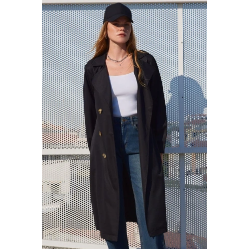 5853 Kruvaze Yaka Trençkot - Siyah