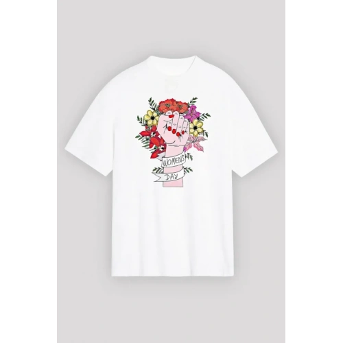 8 Mart Dünya Kadınlar Günü Baskılı Oversize Bisiklet Yaka T-shirt - Beyaz