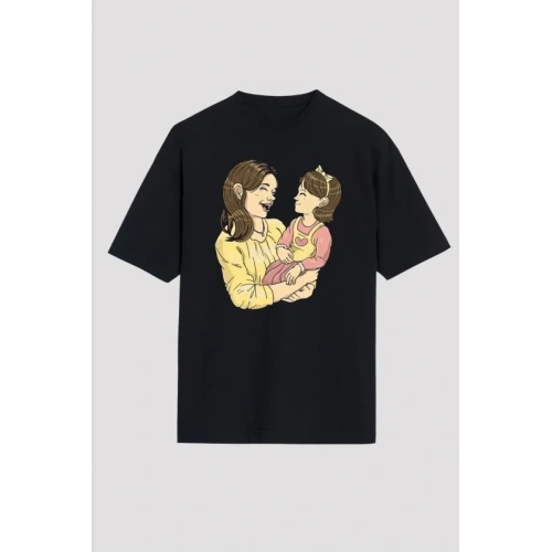 Anneler Günü Hediye Anne Kız Temalı Baskılı Oversize Bisiklet Yaka T-shirt - Siyah