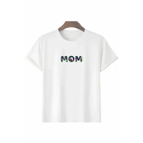 Anneler Günü Hediye Mom Çiçek Baskılı Oversize Bisiklet Yaka T-shirt - Beyaz