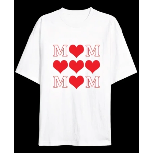 Anneler Günü Hediye MOM Kalp Baskılı Oversize Bisiklet Yaka T-shirt - Beyaz
