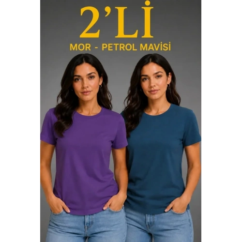 Basic Bisiklet Yaka Yazlık Slim Fit T-Shirt - Mor - Petrol Mavisi