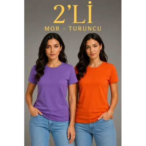 Basic Bisiklet Yaka Yazlık Slim Fit T-Shirt - Mor  - Turuncu