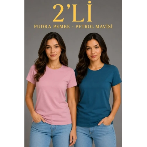 Basic Bisiklet Yaka Yazlık Slim Fit T-Shirt - Pudra Pembe - Petrol Mavi