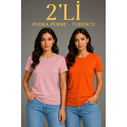 Basic Bisiklet Yaka Yazlık Slim Fit T-Shirt - Pudra Pembe - Turuncu