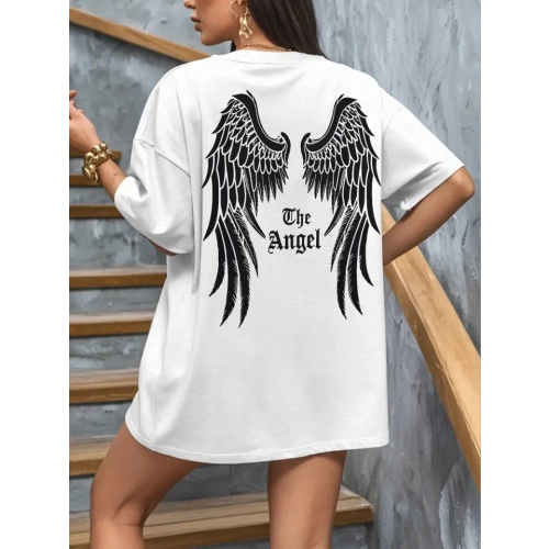 Baskılı Oversize Bisiklet Yaka T-shirt - Beyaz
