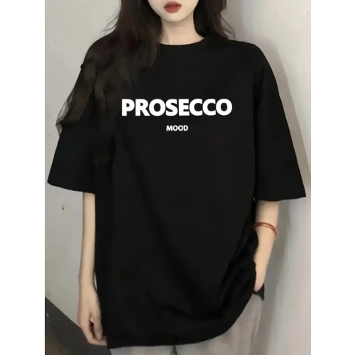 Baskılı Oversize Bisiklet Yaka T-shirt - Siyah