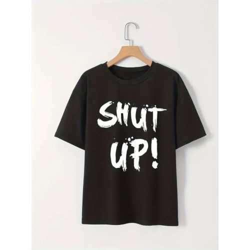 Baskılı Oversize Bisiklet Yaka T-shirt - Siyah