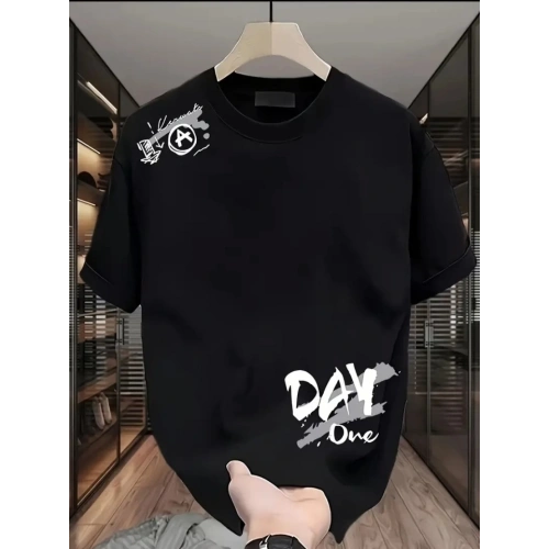 Baskılı Oversize Bisiklet Yaka T-shirt - Siyah