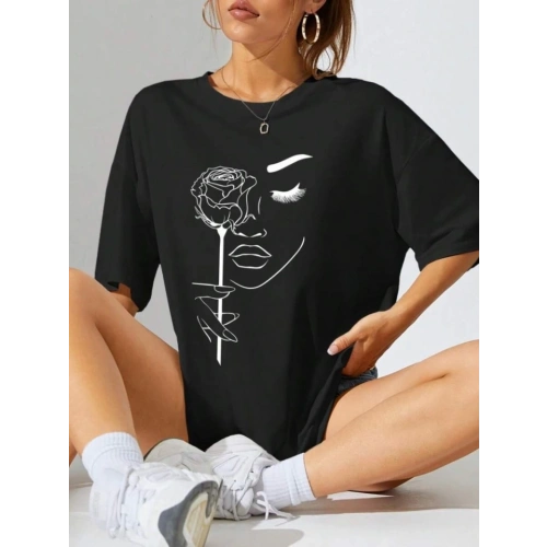 Baskılı Oversize T-shirt - Siyah
