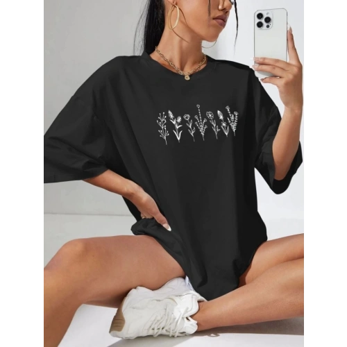 Baskılı Oversize T-shirt - Siyah