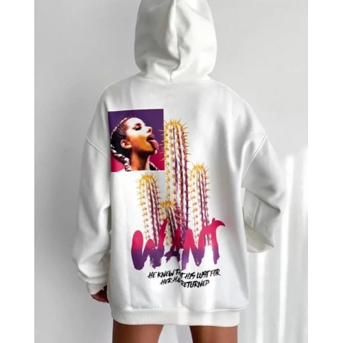 Baskılı Üç İplik Kapüşonlu Oversize Sweatshirt - Beyaz